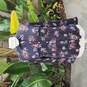 Loft charcoal gray floral button up blouse size small